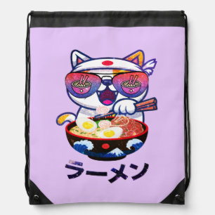 Kawaii Cat Eating Ramen – Cute Japanese Noodles Drawstring Bag