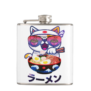 Kawaii Cat Eating Ramen – Cute Japanese Noodles Flask