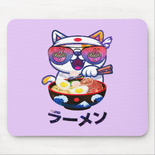 Kawaii Cat Eating Ramen – Cute Japanese Noodles Mouse Pad