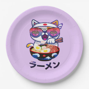Kawaii Cat Eating Ramen – Cute Japanese Noodles Paper Plates