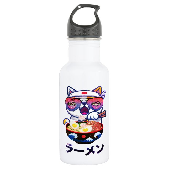 Kawaii Cat Eating Ramen – Cute Japanese Noodles Stainless Steel Water Bottle (Front)