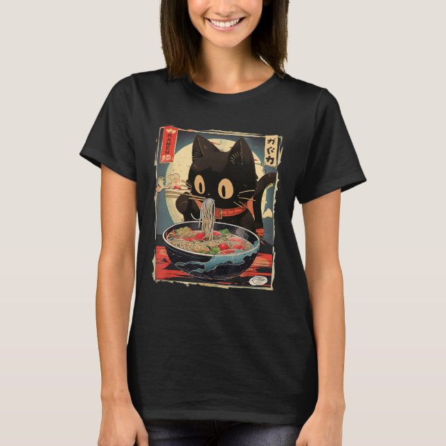 Kawaii Cat Eating Ramen Noodles Anime Gift Girls T T-Shirt (Front)