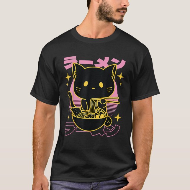 Kawaii Cat Eating Ramen Noodles Anime Neko Girls g T-Shirt (Front)