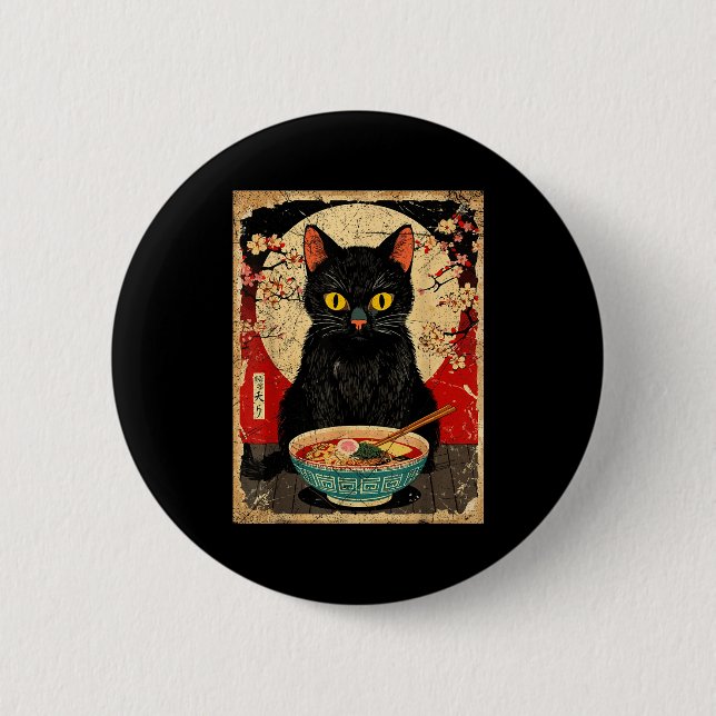Kawaii Cat Eating Ramen Noodles Funny Anime Gift G Button (Front)