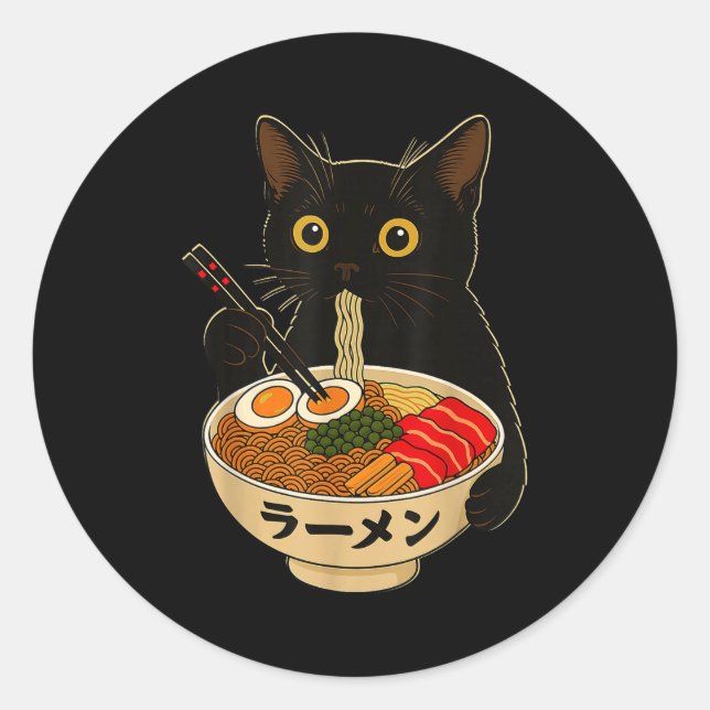 Kawaii Cat Eating Ramen Noodles Funny Anime Gift G Classic Round Sticker (Front)