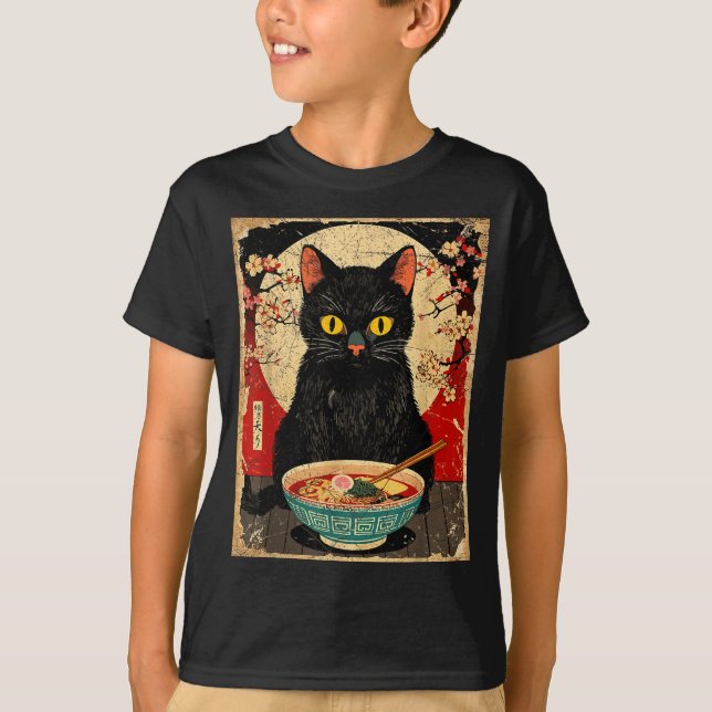 Kawaii Cat Eating Ramen Noodles Funny Anime Gift G T-Shirt (Front)