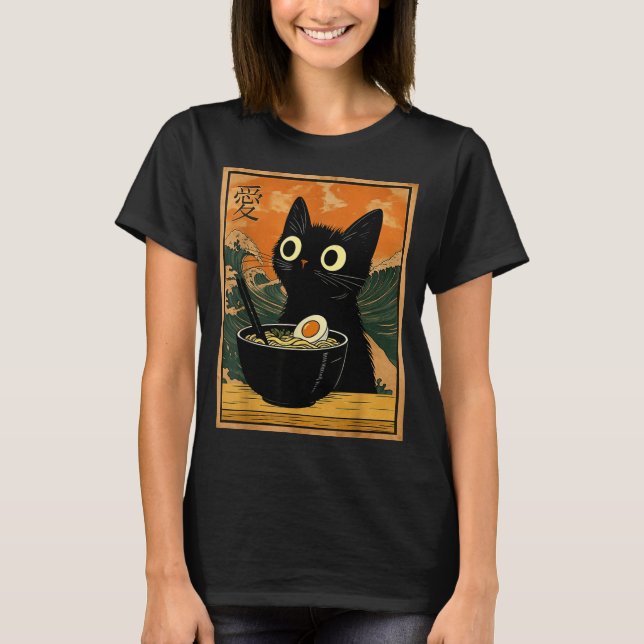 Kawaii Cat Eating Ramen Noodles Funny Anime Gift G T-Shirt (Front)
