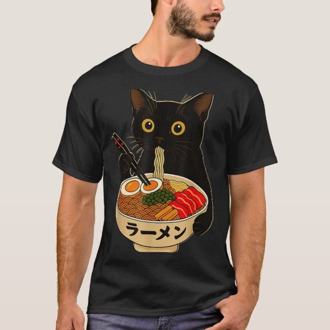 Kawaii Cat Eating Ramen Noodles Funny Anime Gift G T-Shirt (Front)