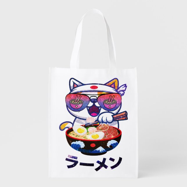 Kawaii Cat Eating Ramen Noodles Grocery Bag (Front)
