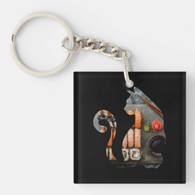 Kawaii Cat Eating Ramen Noodles Japanese Food Anim Keychain (Front)
