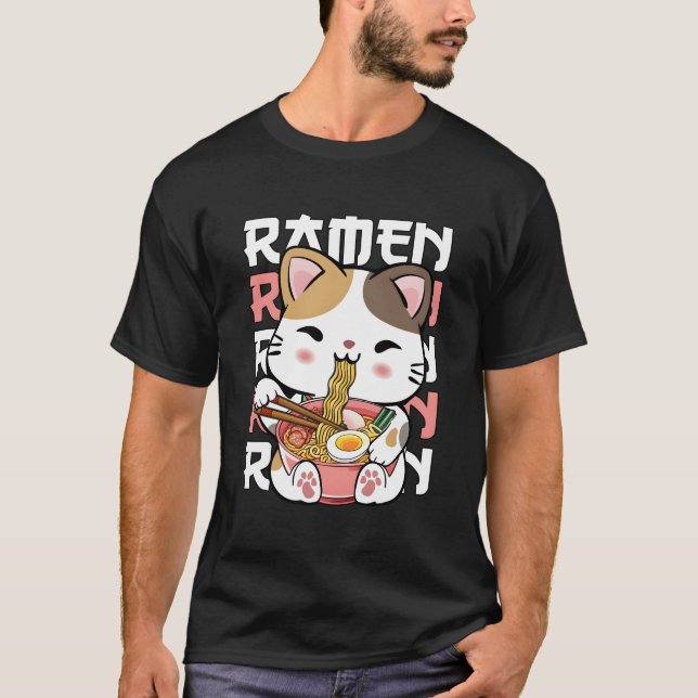Kawaii Cat Eating Ramen Noodles Kawaii Anime Cat R T-Shirt (Front)