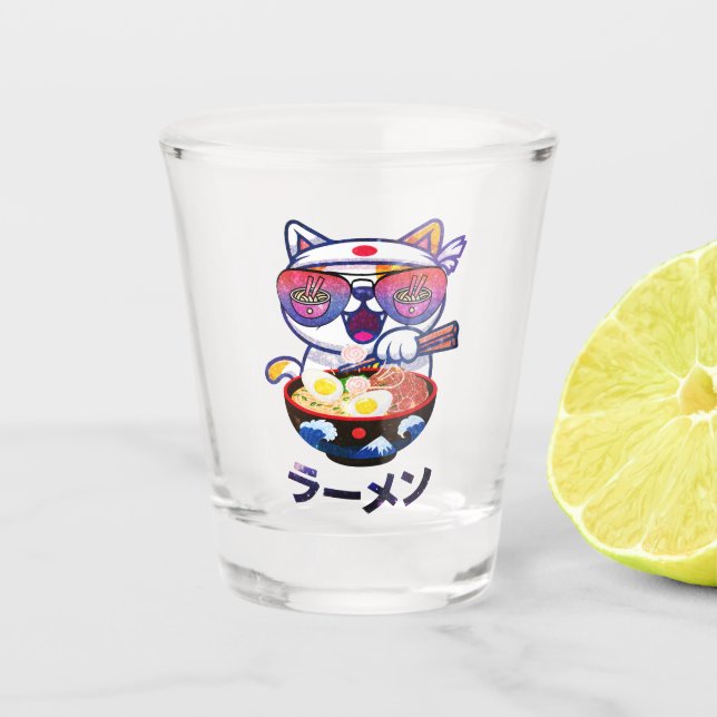Kawaii Cat Eating Ramen Noodles Shot Glass (Front)
