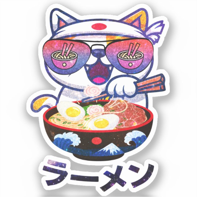 Kawaii Cat Eating Ramen Noodles Sticker (Front)