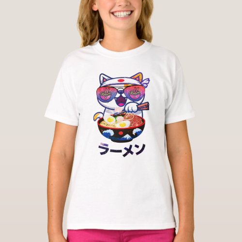 Kawaii Cat Eating Ramen Noodles T_Shirt