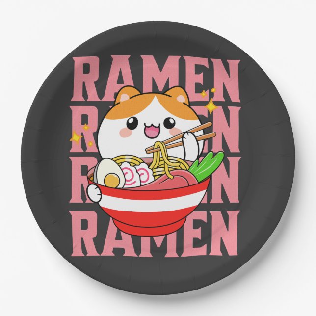 Kawaii Cat eating Ramen Paper Plates (Front)