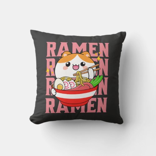 Kawaii Cat eating Ramen Throw Pillow