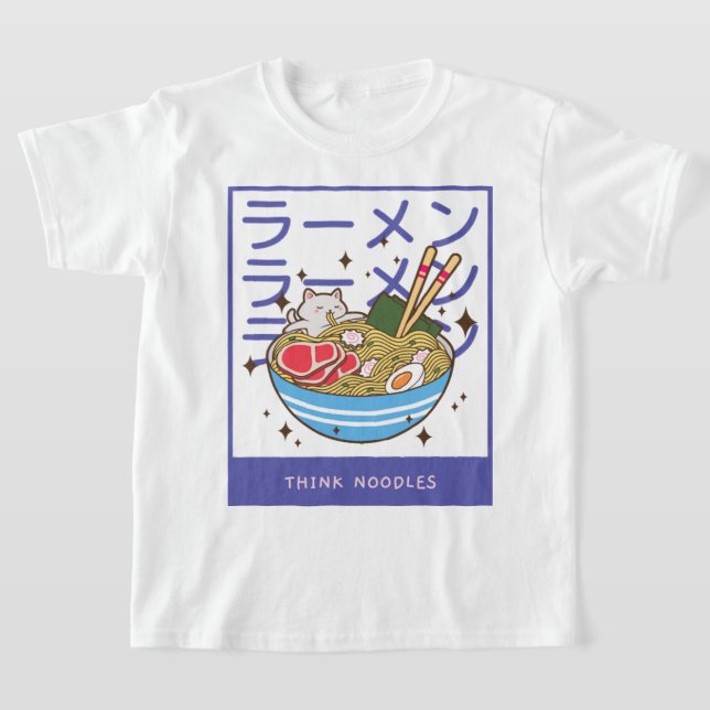 Kawaii Cat Eating Spaghetti  40 T-Shirt (Laydown)
