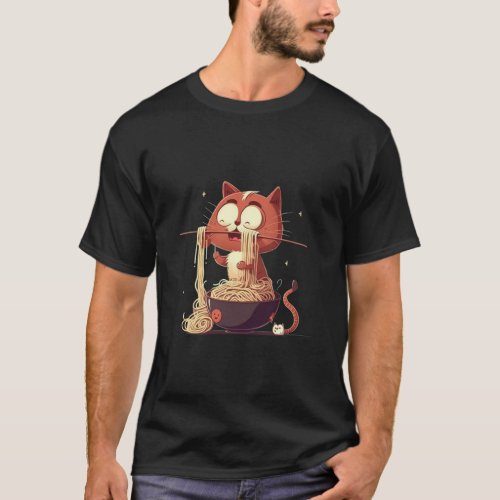 Kawaii Cat Eating Spaghetti T_Shirt