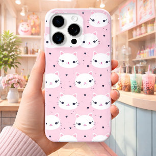 Kawaii Cat Faces with Hearts – Cute Pink Pattern iPhone 15 Pro Max Case