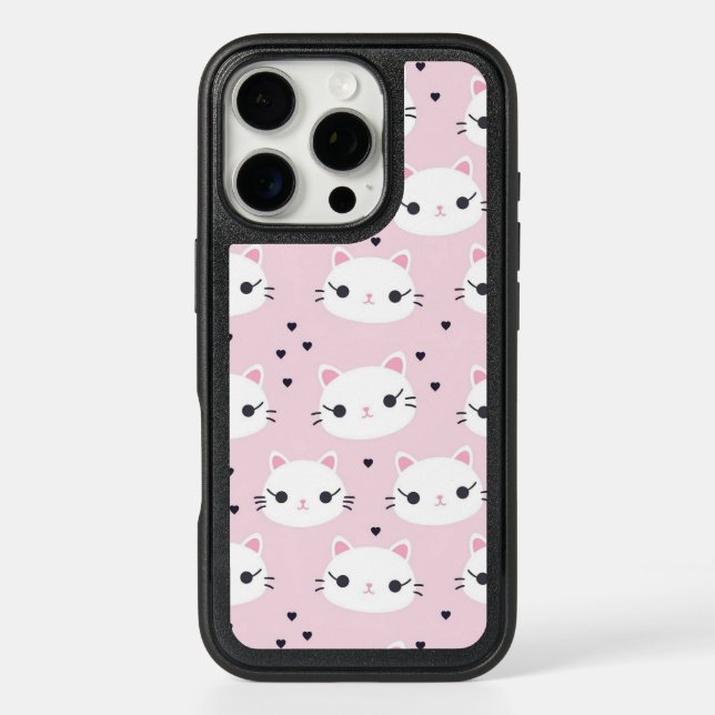 Kawaii Cat Faces with Hearts – Cute Pink Pattern Otterbox iPhone Case (Back)