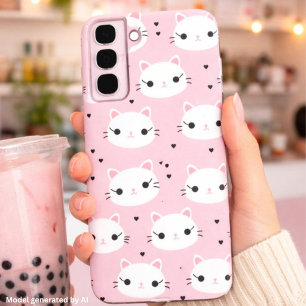 Kawaii Cat Faces with Hearts – Cute Pink Pattern Samsung Galaxy S22+ Case
