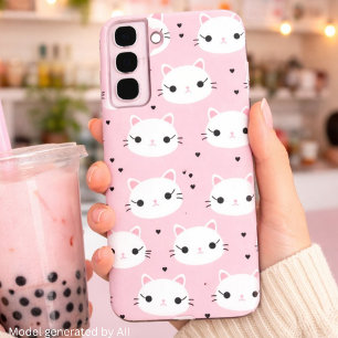 Kawaii Cat Faces with Hearts – Cute Pink Pattern Samsung Galaxy S22+ Case