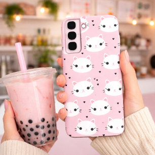 Kawaii Cat Faces with Hearts – Cute Pink Pattern Samsung Galaxy S22+ Case