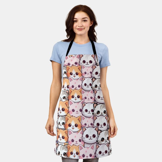 Kawaii Cat feline Kitten pet face doodle print pat Apron (Worn)