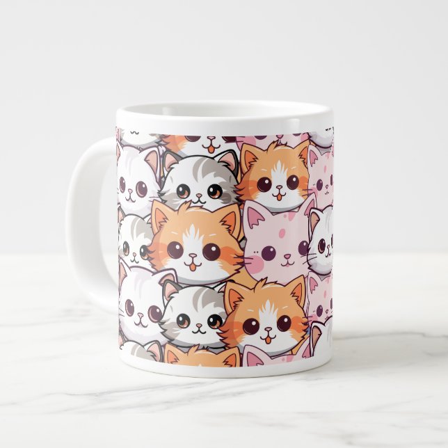 Kawaii Cat feline Kitten pet face doodle print pat Giant Coffee Mug (Front Left)