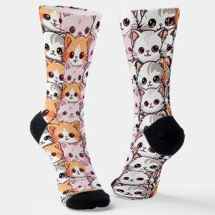 Kawaii Cat feline Kitten pet face doodle print pat Socks