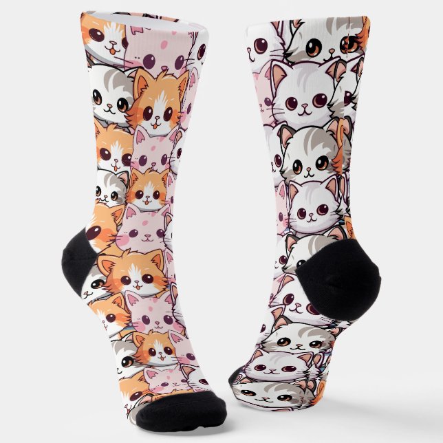 Kawaii Cat feline Kitten pet face doodle print pat Socks (Angled)