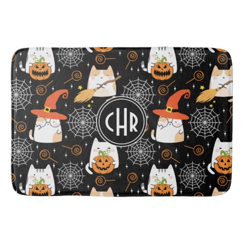 Kawaii Cat for Halloween in Black Background Bath Mat