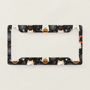 Kawaii Cat for Halloween in Black Background License Plate Frame