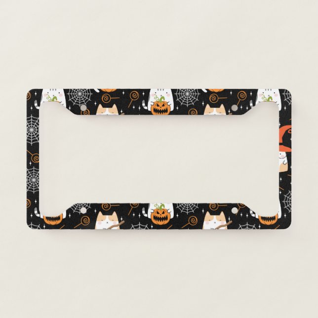 Kawaii Cat for Halloween in Black Background License Plate Frame (Front)