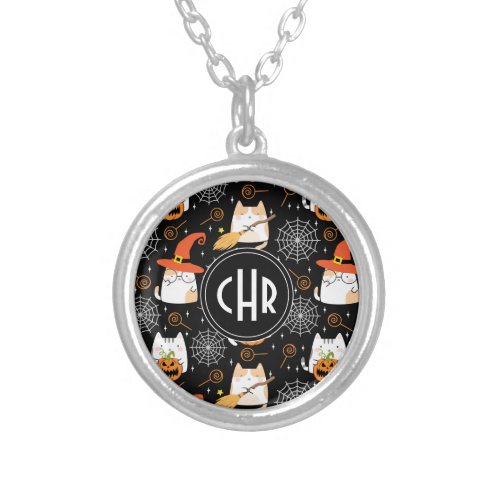 Kawaii Cat for Halloween in Black Background Silver Plated Necklace