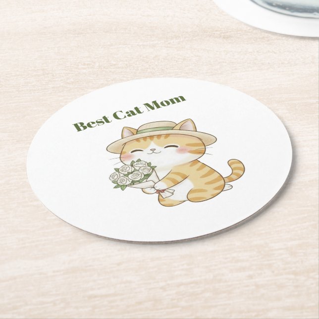 Kawaii Cat Gardener Rose Bouquet Paper Coaster (Angled)