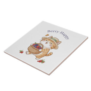 Kawaii Cat Gardener Summer Berry Ceramic Tile