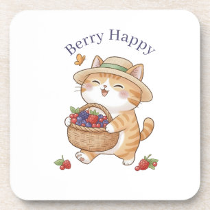 Kawaii Cat Gardener Summer Berry Plastic Coaster