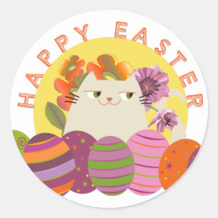 Kawaii Cat Happy Easter Classic Round Sticker