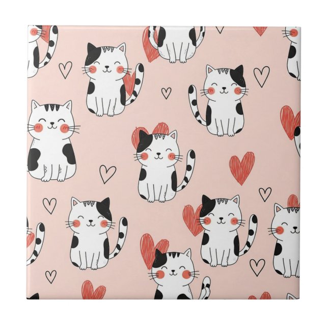 Kawaii Cat & Hearts Valentine Pattern (11) Ceramic Tile (Front)