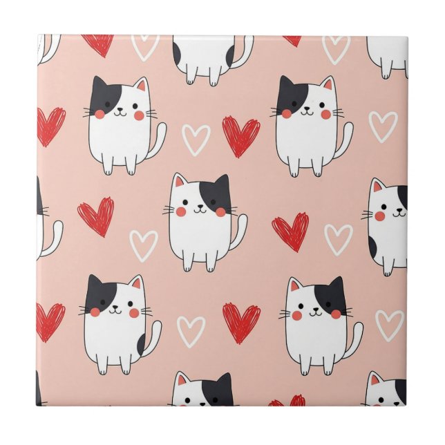 Kawaii Cat & Hearts Valentine Pattern (1) Ceramic Tile (Front)