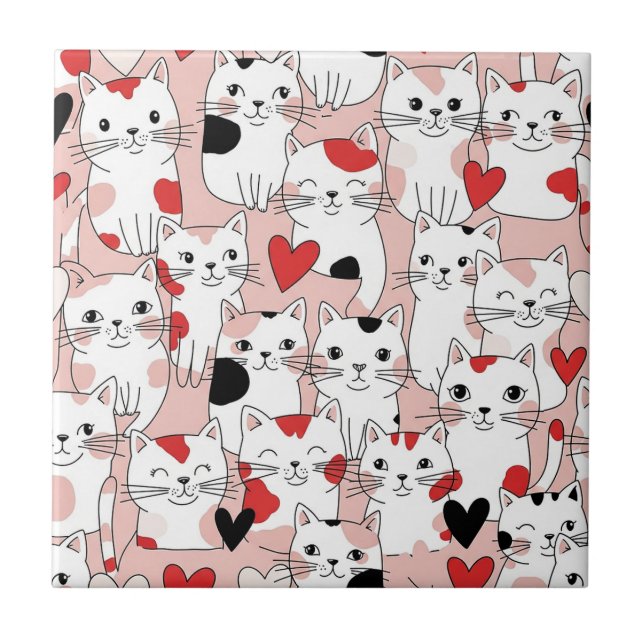 Kawaii Cat & Hearts Valentine Pattern (3) Ceramic Tile (Front)