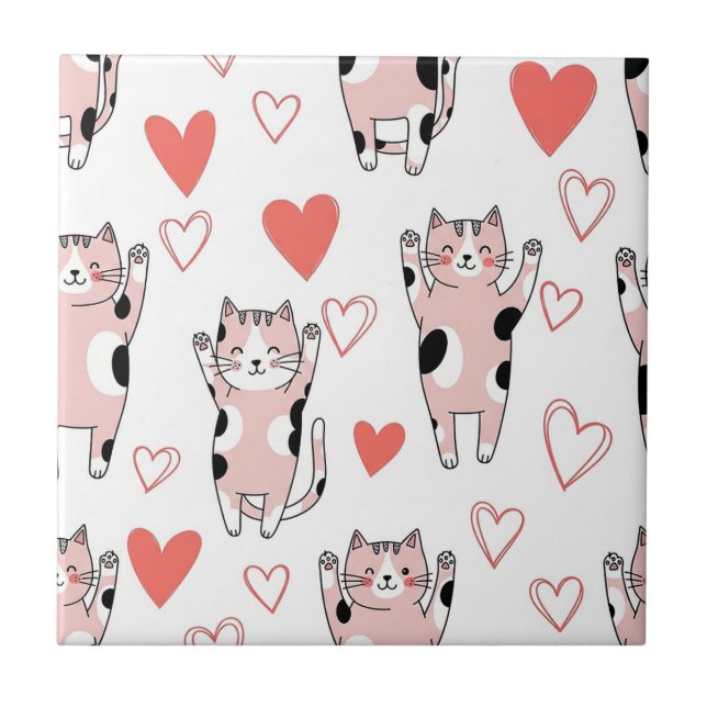 Kawaii Cat & Hearts Valentine Pattern (8) Ceramic Tile (Front)