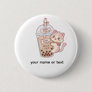 Kawaii Cat Hugging Bubble Milk Tea Cute Boba Tea Button