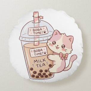 Kawaii Cat Hugging Bubble Milk Tea Cute Boba Tea Round Pillow