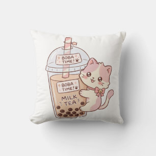 Kawaii Cat Hugging Bubble Milk Tea Cute Boba Tea Throw Pillow