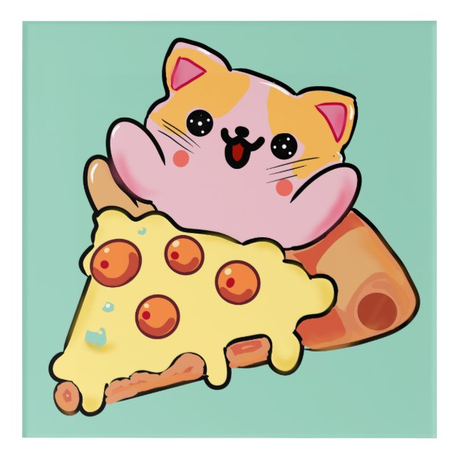 Kawaii Cat Hugging Pepperoni Pizza Cartoon Acrylic Print (Front)