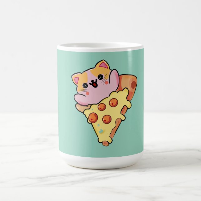 Kawaii Cat Hugging Pepperoni Pizza Cartoon Coffee Mug (Center)