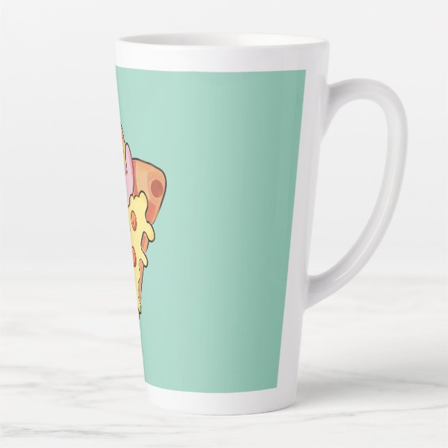 Kawaii Cat Hugging Pepperoni Pizza Cartoon Latte Mug (Right)