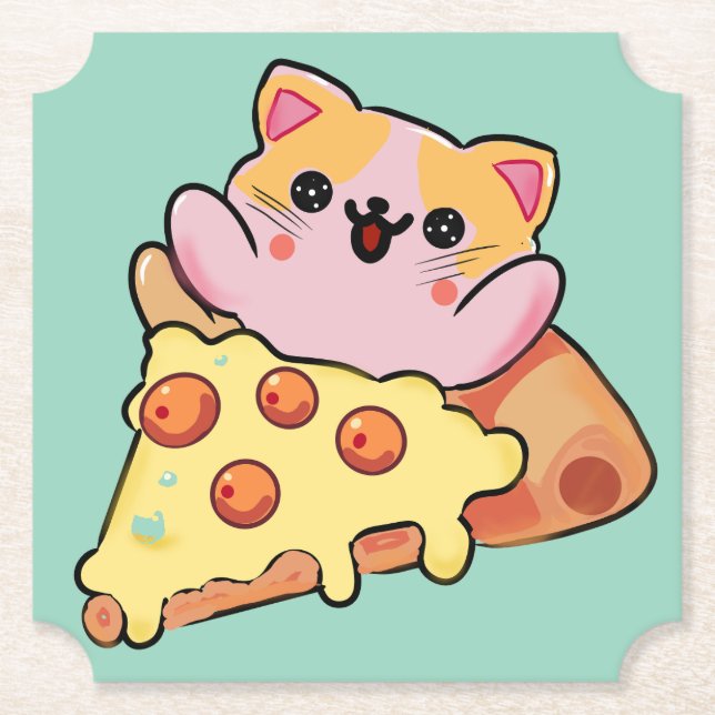Kawaii Cat Hugging Pepperoni Pizza Cartoon Paper Coaster (Front)